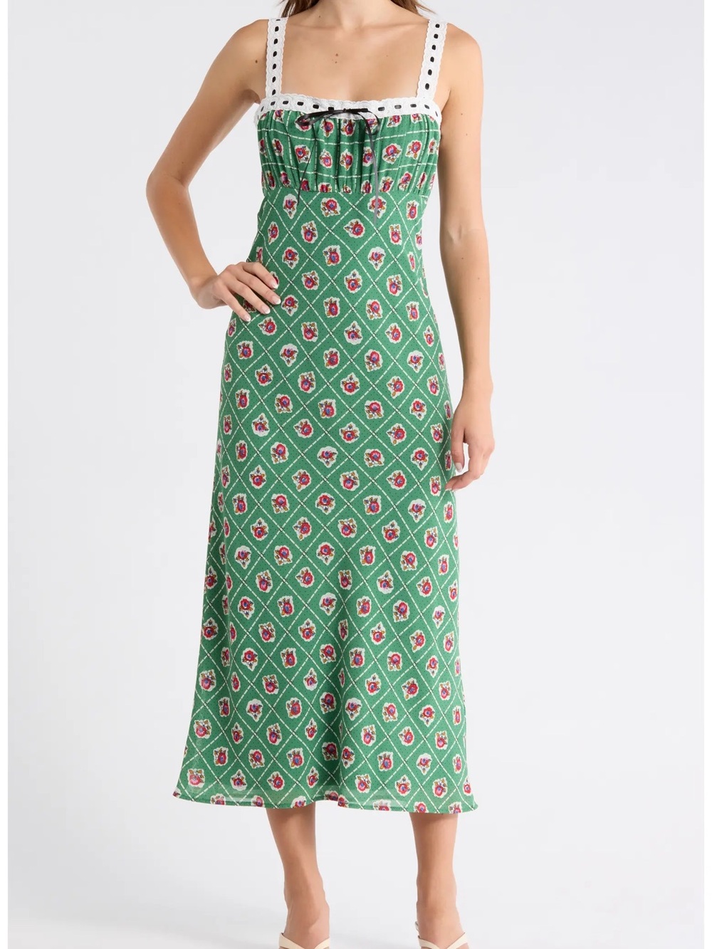 WAYF Green Floral Maxi Dress with Crochet Trim